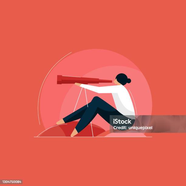 Futuristic And Determination Concept Person Looking Into Binoculars Business Forecasting Vision Stock Illustration - Download Image Now