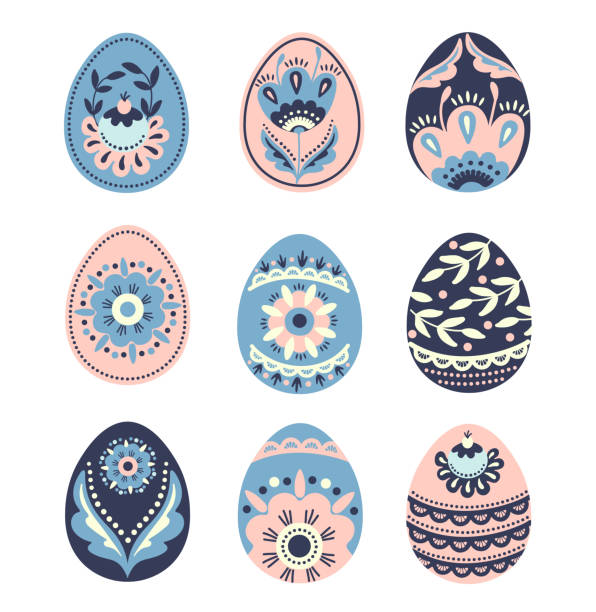 illustrations, cliparts, dessins animés et icônes de ensemble des oeufs de pâques avec l’ornement différent dans le modèle folklorique. modèle de vacances de printemps pour la conception. illustration de vecteur d’isolement. - decoration eggs leaf easter