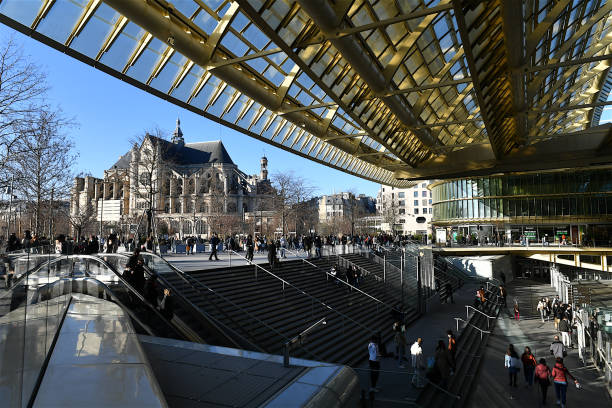 The Saint-Eustache Church in les Halles, Paris, France. Paris, France-02 27 2021:The Church of St Eustache, (Eglise Saint-Eustache) is a church in the 1st arrondissement of Paris. The present building was built between 1532 and 1632.
Situated near the site of Paris' medieval marketplace (Les Halles). Today the Forum des Halles is the go-to shopping and leisure destination in the heart of Paris. Renovated in 2016, the shopping centre is characterised by its striking canopy, église saint eustache stock pictures, royalty-free photos & images
