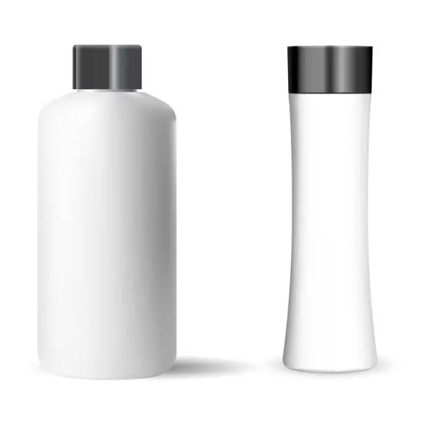 Vector illustration of Shampoo bottle. White cosmetic package mockup set