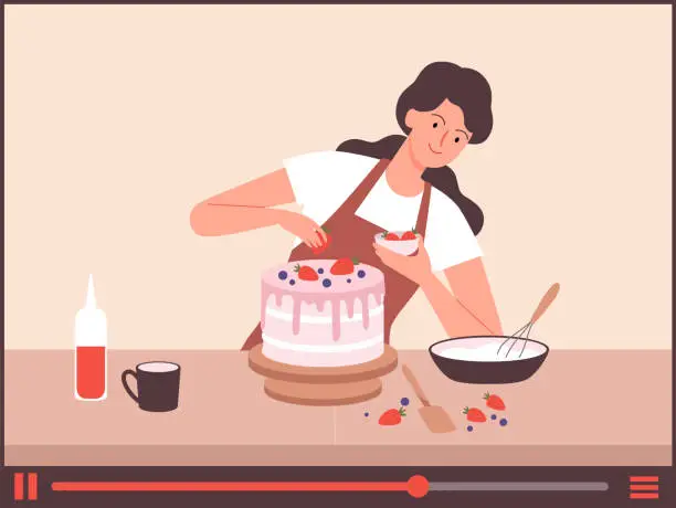 Vector illustration of Homemade bakery. Food blogger, girl bake cake online. Culinary live stream, happy woman decoration dessert vector illustration