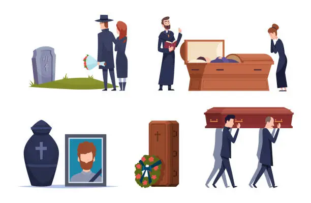 Vector illustration of Death service. Grave ceremony tomb cemetery people sad persons psychology problems loss burial exact vector collection set in flat style