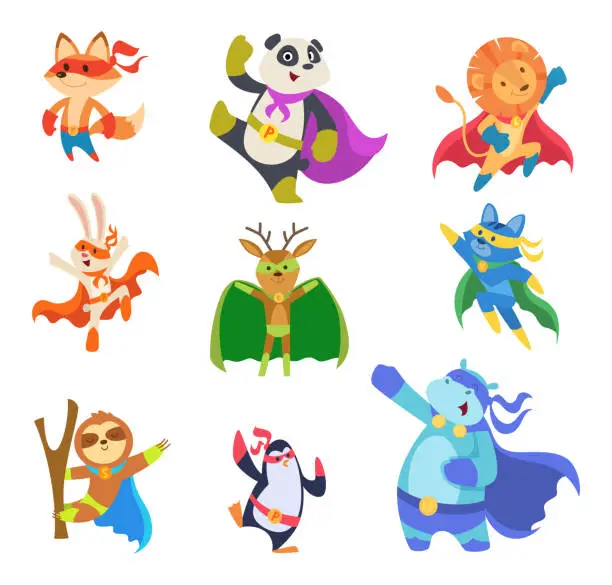 Vector illustration of Hero animals. Zoo strong defenders city superheroes in mask cats dogs elephants exact vector flat characters collection set
