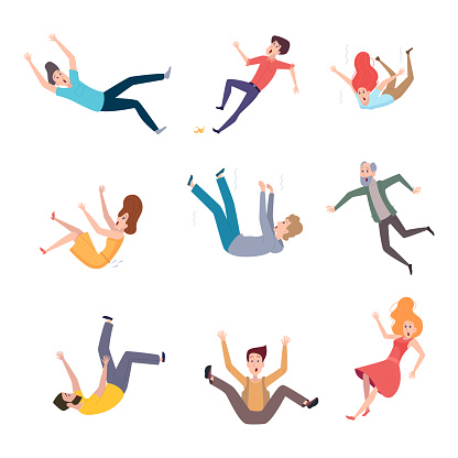 Falling persons. Old people fall on wet floor danger situations crash characters pain legs exact vector illustrations. Falling man or woman, drop dangerous, setback damaged