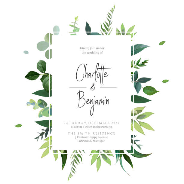 ilustrações, clipart, desenhos animados e ícones de greenery convite de casamento botânico. - wedding invitation illustrations