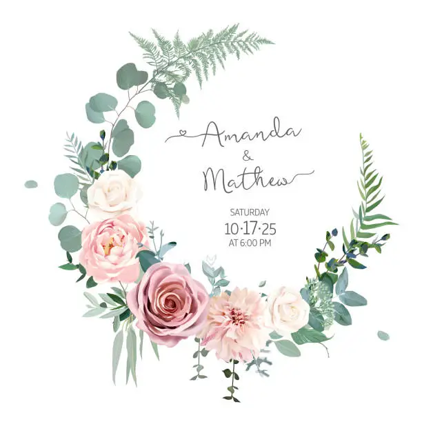 Vector illustration of Greenery, pink and white peony, rose flowers vector design round invitation frame