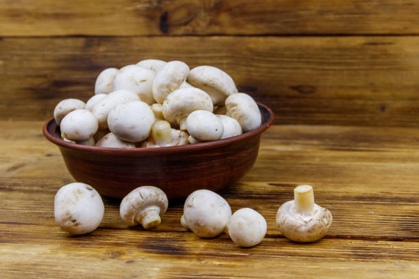 istock Fresh champignon mushrooms in ceramic bowl on the wooden table 1304754356