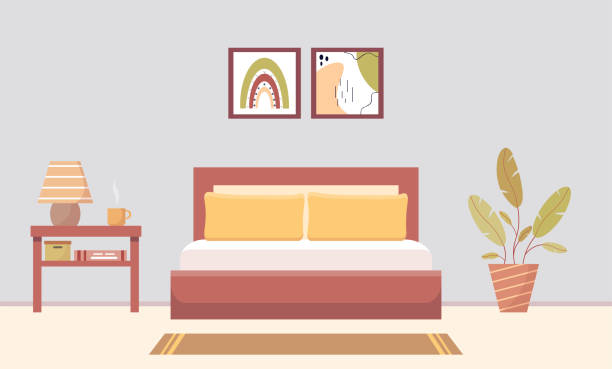 Modern bedroom interior with bed, lamp and plant. Cozy bedroom with furniture. Paintings above the bed. Vector illustration in a flat style. bedding illustrations stock illustrations