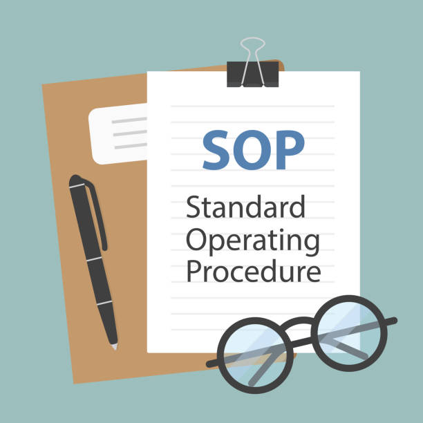 illustrazioni stock, clip art, cartoni animati e icone di tendenza di testo del documento della procedura operativa standard sop - routine