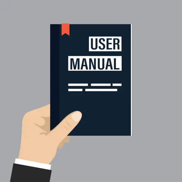 Vector illustration of Hand holding user manual. User guide or FAQ. Cartoon textbook isolated on grey background.