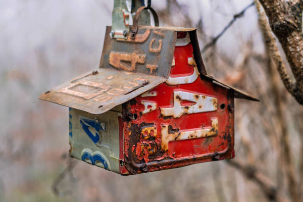 Birdhouse made with various old license plates hanging from a tree.