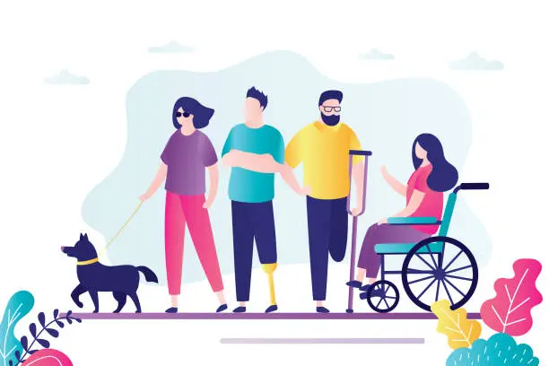 Vector illustration of Group of different persons with disabilities. Female character sitting in wheelchair.  Various disabled people set.