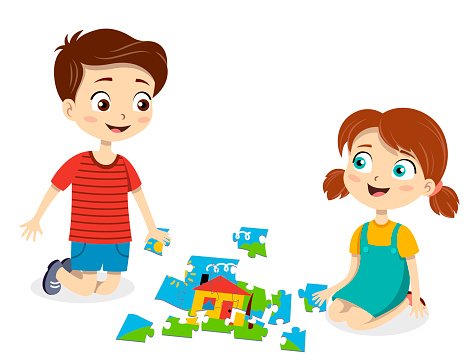 Young boy and girl having fun doing a jigsaw puzzle together laughing and smiling, colored vector illustration with fictional cartoon characters isolated on white background