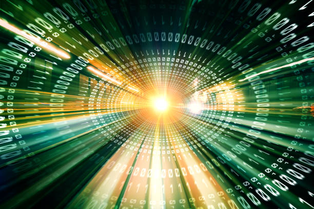 istock Digital data flow on road with motion blur to create vision of fast speed transfer 1304770214