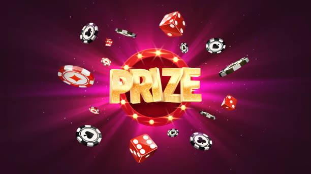 gewinnen sie preis in glücksspiel lila hintergrund vektor banner. gewinnen geld glückwünsche illustration für casino oder online-spiele. chips und würfelexplosion - cards dice poker casino stock-grafiken, -clipart, -cartoons und -symbole