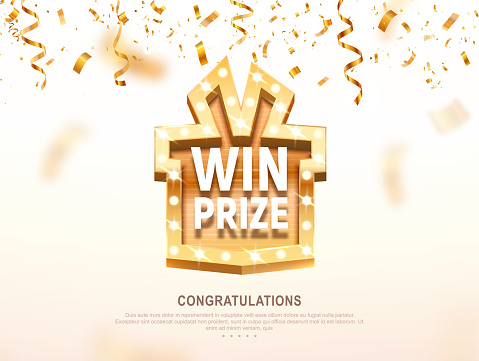Win prize gift box with golden retro board broadway sign vector illustration. Winning celebration with confetti on light background.