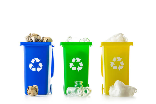 istock Precycling. Bin container for disposal garbage waste and save environment. Yellow, green, blue dustbin for recycle plastic, paper and glass can trash isolated on white background. 1304771130