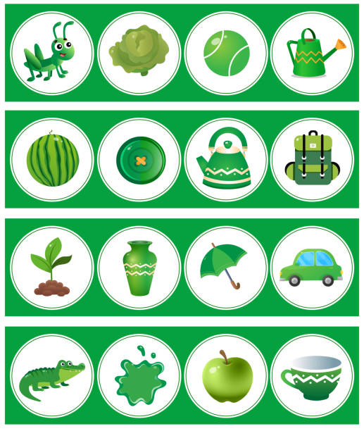 Green color. Matching game, education game for children. Puzzle for kids. Match by color. Worksheet for preschoolers. Green color. Matching game, education game for children. Puzzle for kids. Match by color. Worksheet for preschoolers. painted grasshopper stock illustrations