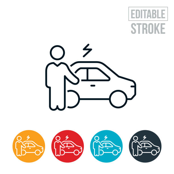Electric Car Salesman Thin Line Icon - Editable Stroke An icon of an electric car salesman showing an electric car. The icon includes editable strokes or outlines using the EPS vector file. car dealer icon stock illustrations
