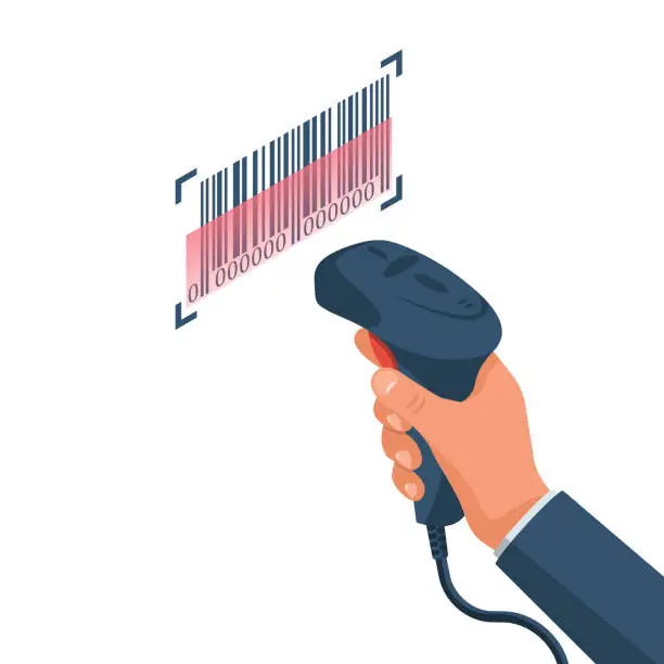 Vector illustration of The operator holds a barcode scanner hand vector isometric