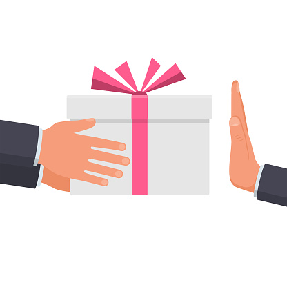 Refusal of gift. No corruption concept. Rejecting proposal. Man holding in hand gift box with ribbon. Gesture rejects the proposal. Vector illustration flat design. Isolated on white background.