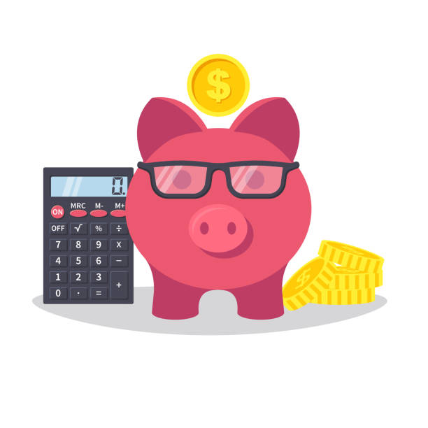 Smart piggy bank, pink pig with glasses and stack of coins and calculator Smart piggy bank, pink pig with glasses and stack of coins and calculator. Calculations of accumulated coins. Counting savings. Saving money in cash. Vector illustration flat design. tax drawings stock illustrations