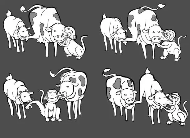 Vector illustration of Three Animals In Four Actions, Sheep-Goat, Bull- Milk Cow, Monkey