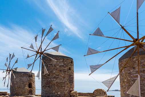 The famous historical stone windmills in island of Chios (Sakiz Adasi), Greece