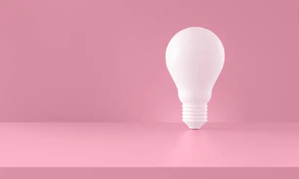 Light bulb white on pink background. Creativity and innovation ideas concept. 3d rendering. Horizontal composition with copy space.