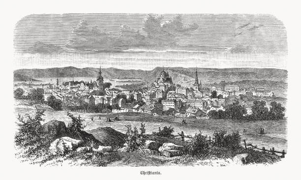 istock Historical view of Christiania (Oslo), Norway, wood engraving, published 1893 1304776642