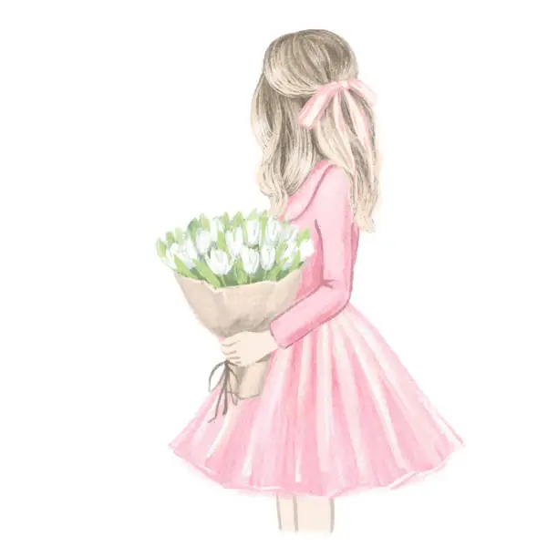 Vector illustration of Girl in pink clothes with bouquet of white tulips. Hand drawn fashion illustration