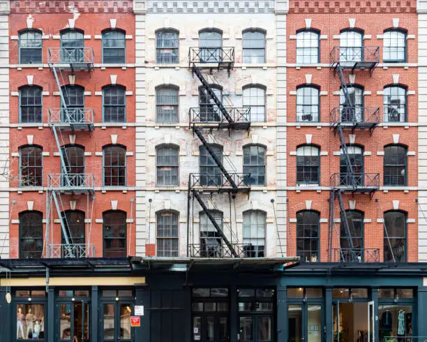 Photo of Exterior view of historic brick buildings along Duane Street in the Tribeca neighborhood of New York City