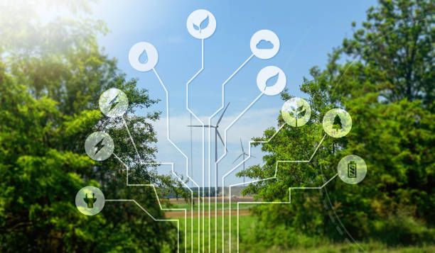 Collage Concept With Wind Turbines And Icons For Alternative Energy, Power, Generating Electricity, Eco And Green Technology. Business Industry Against Climate Change. stock photo
