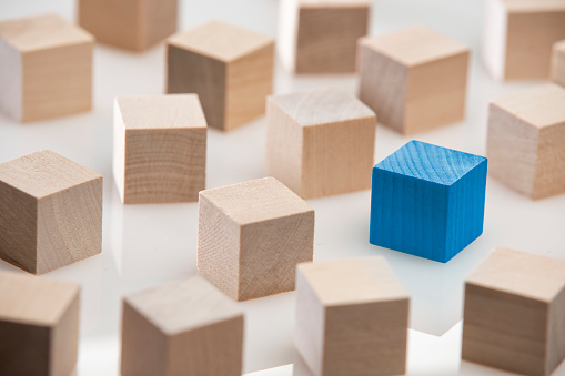 Blue Block surrounded by other wooden blocks on white