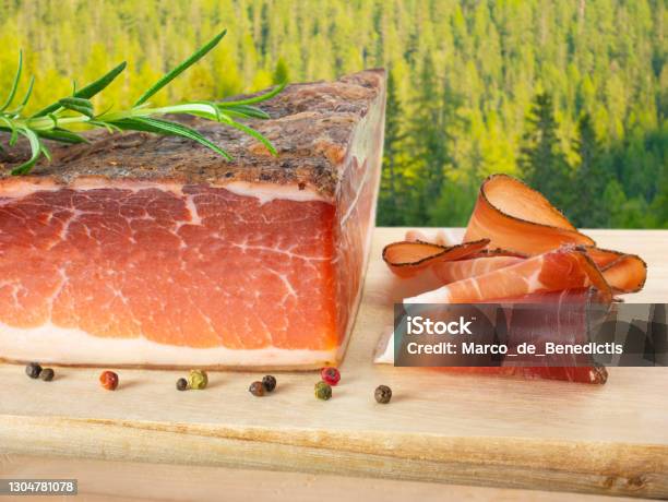 Speck South Tyrolean Cured Ham In The Alpine Mountain Forest Stock Photo - Download Image Now