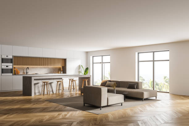 istock White living room with sofas and kitchen corner 1304781789