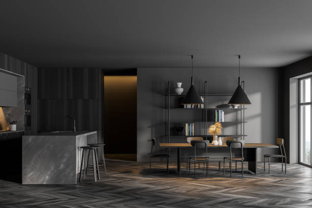 istock Gray and wooden kitchen interior with table 1304782299