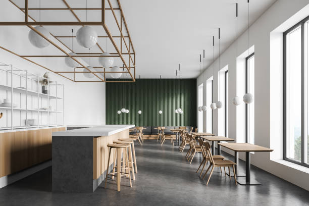 istock Modern white and green restaurant interior design 1304782350