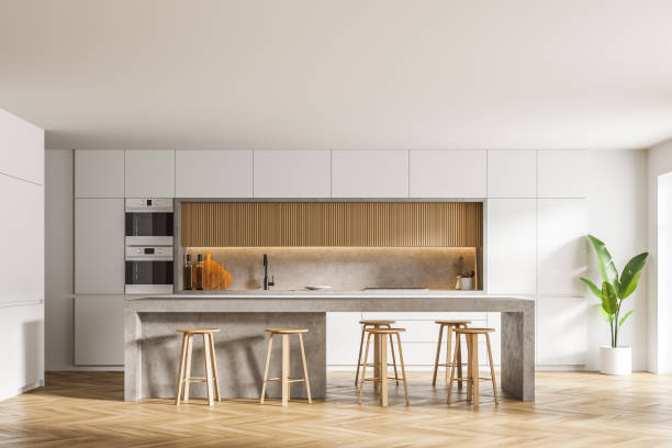 istock White and wooden kitchen with bar 1304783293