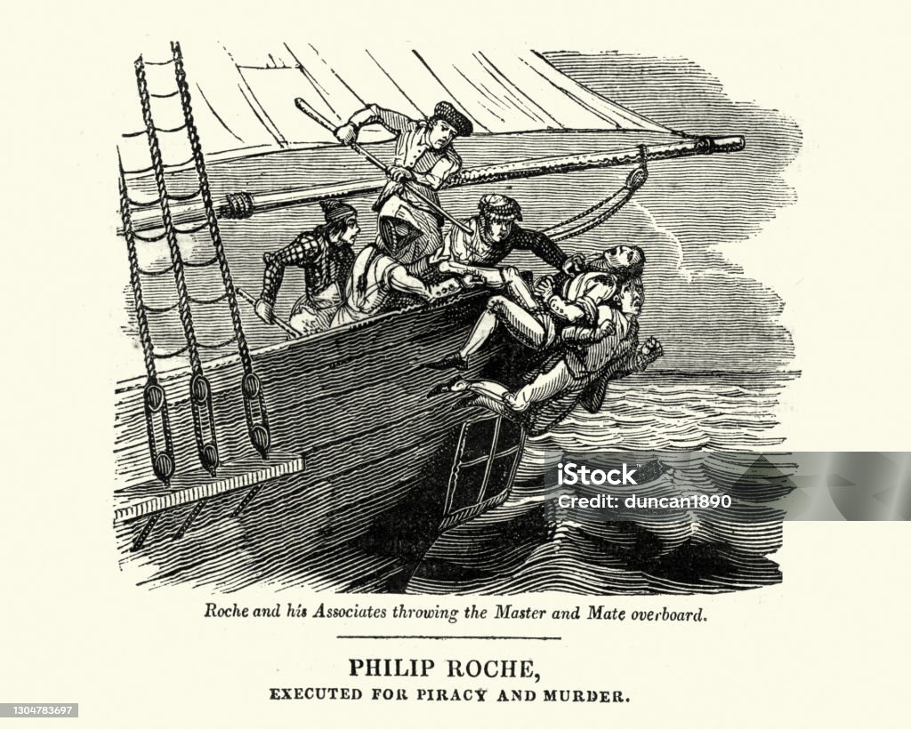 The pirate Philip Roche murdering the crew of a ship, throwing them overboard 18th Century Vintage illustration of the pirate Philip Roche murdering the crew of a ship, throwing them overboard 18th Century. Philip Roche (1693–1723) was an Irish pirate active in the seas of northern Europe, best known for murdering the crews and captains of ships he and his men took over. Pirate - Criminal stock illustration