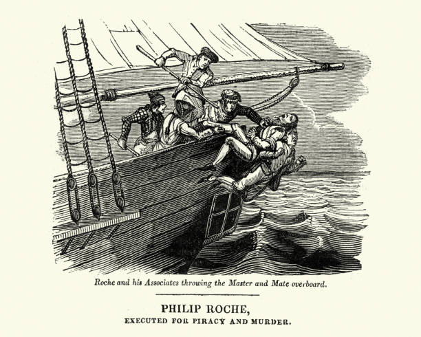The pirate Philip Roche murdering the crew of a ship, throwing them overboard 18th Century Vintage illustration of the pirate Philip Roche murdering the crew of a ship, throwing them overboard 18th Century. Philip Roche (1693–1723) was an Irish pirate active in the seas of northern Europe, best known for murdering the crews and captains of ships he and his men took over. pirate criminal illustrations stock illustrations