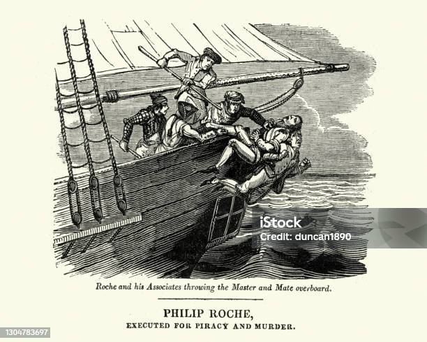 The Pirate Philip Roche Murdering The Crew Of A Ship Throwing Them Overboard 18th Century Stock Illustration - Download Image Now