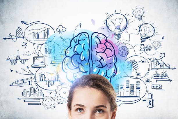 istock Young woman and colorful brain sketch 1304784609