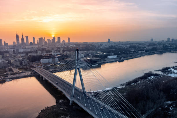 Sunset, Bridge, City, River Świętokrzyski Bridge, River Vistula, Warsaw, Poland warsaw stock pictures, royalty-free photos & images