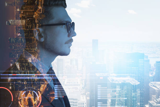 istock Confident man in glasses and financial charts 1304784784
