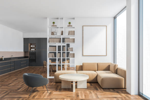 istock Mockup frame in room with sofa and kitchen set, luxury apartment with window 1304784802