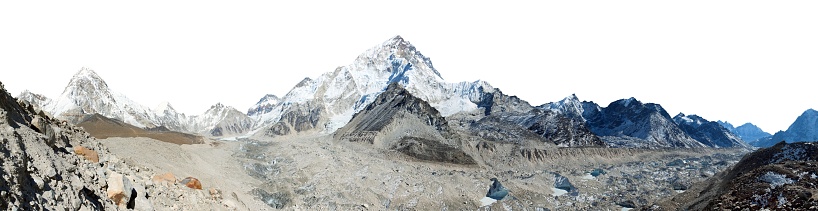 Panoramic view of Khumbu glacier Mount Pumori and Nuptse isolated on white sky background, Kala Patthar near Gorak Sheep village, Khumbu valley, Solukhumbu, Nepal Himalayas mountains