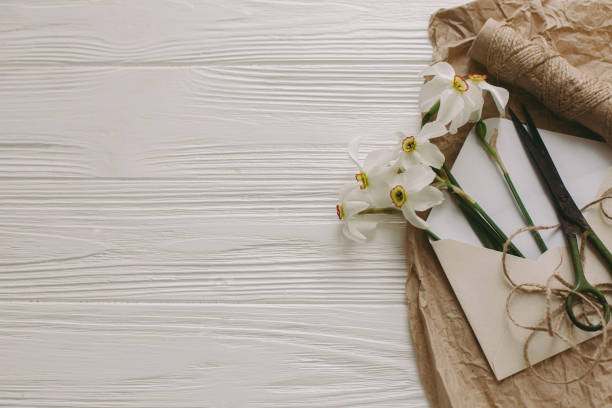 istock Beautiful daffodils in craft envelope and scissors, twine on white rustic wood, space for text. 1304788417