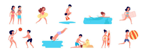 수영 아이. 만화 여름 어린이, 해변이나 수영장에��서 놀고있는 소년 소녀. 재미 바다 휴일, 고립 된 행복 휴가 완전한 벡터 문자 - swimming pool child water park inflatable stock illustrations