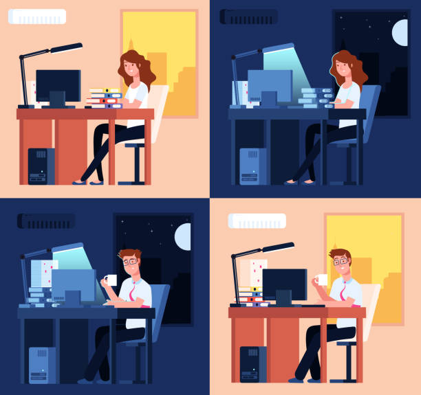 ilustraciones, imágenes clip art, dibujos animados e iconos de stock de trabajo de día por la noche. trabajo tardío en la oficina, hombre mujer trabajo extra. empleados cansados planos, mano de obra remota sin parar en el concepto de vector total de la computadora - sleeping on the job illustrations